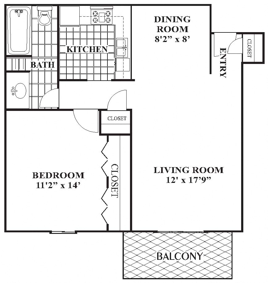 Floor plan for 1 bed, 1 bath, 697 sqft